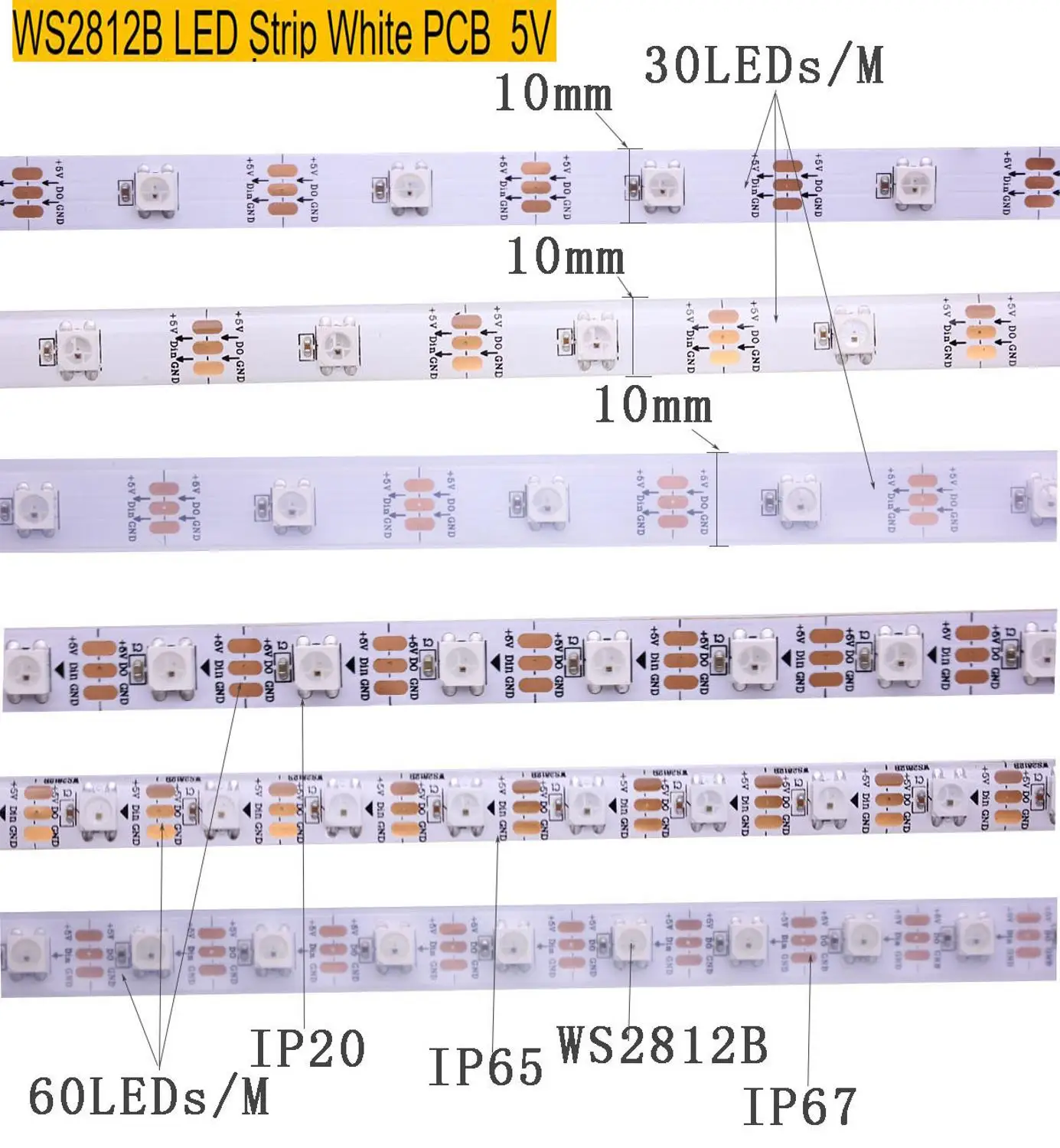 1 м/2 м/3 м/4 м/5 м WS2811S WS2812B 30/60/144 пикселей/светодиодов/м умная светодиодная Пиксельная полоса, черная/белая печатная плата, WS2812 IC, IP30/IP65/IP67 DC5V 12V