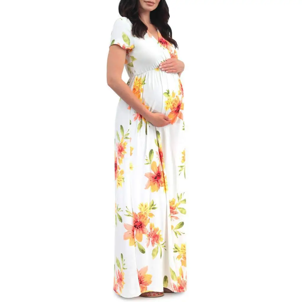 

Pregnant women's breast-feeding skirt fashion printed V-collar pregnant women's short-sleeved dress Q0705