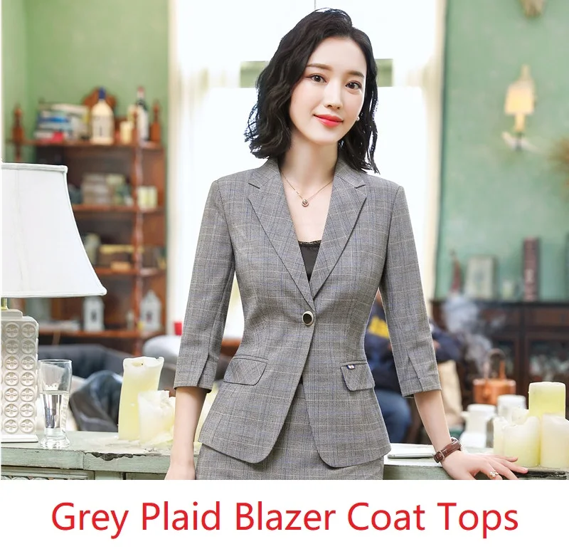 Grey Plaid Высококачественная ткань, формальные блейзеры и куртки, пальто с коротким рукавом, серые клетчатые Деловые женские топы для работы, верхняя одежда, офисная одежда для женщин - Цвет: Grey Plaid