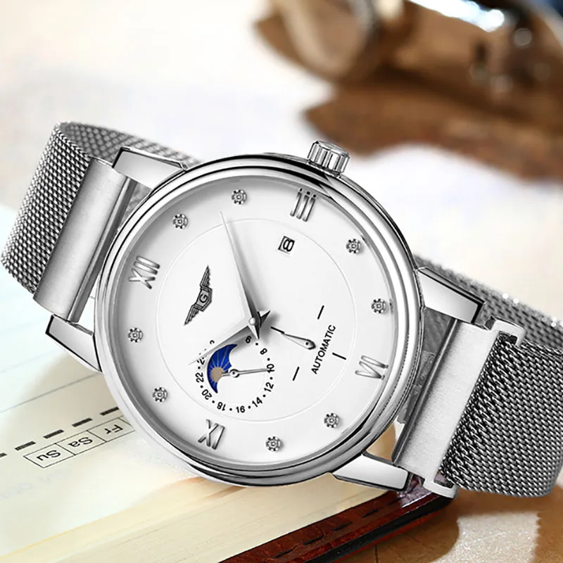 GUANQIN Automatic Watch Men Moon Phase Mens Mechanical Watches Top Brand Luxury Clock Stainless Steel Wristwatch reloj hombre | Наручные