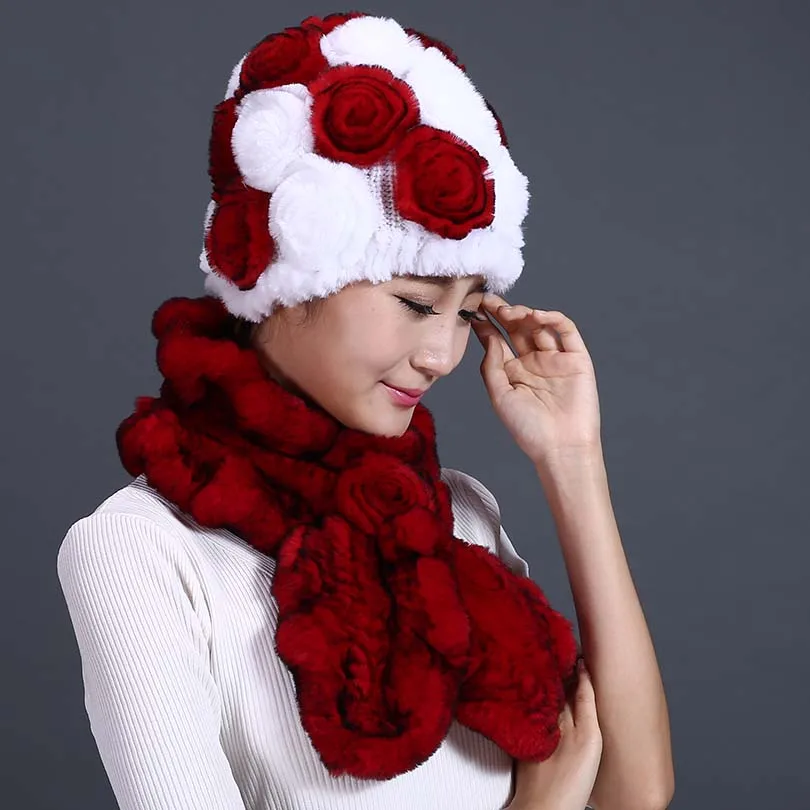 Женская вязаная шапка из натурального меха кролика Rex теплая цельного с