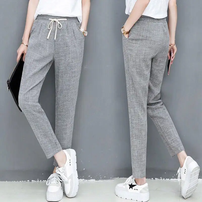 Хлопковые льняные брюки для женщин свободного покроя сплошной Цвет женские