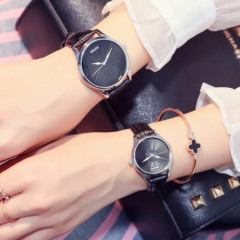 RENOS кварцевые часы женские в коробке простые Водонепроницаемые кожаные Наручные