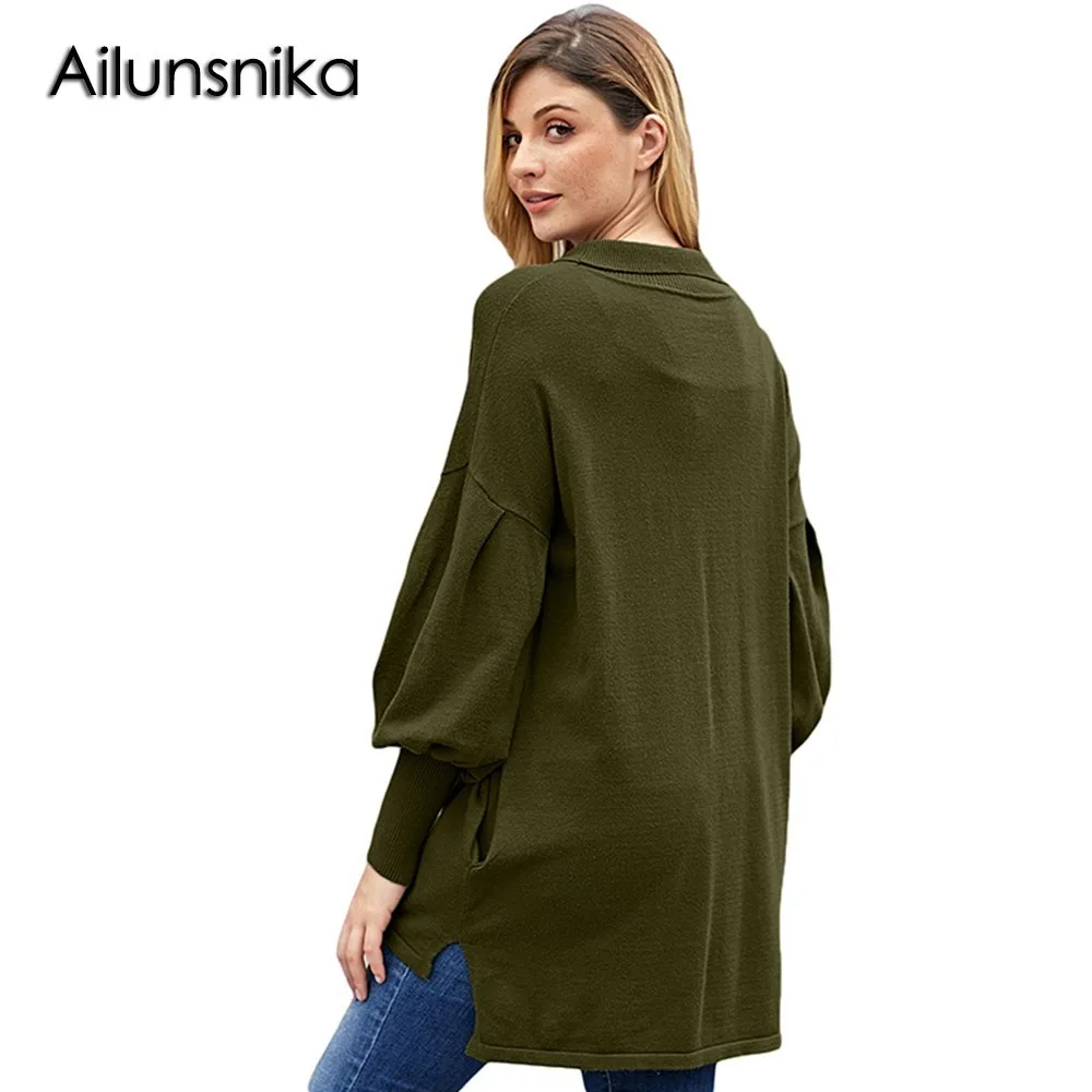 Ailunsnika Women Long Sleeve Loose Pockets Tunic Sweaters Fashion Knitting Solid Simple Autumn Casual Pullover Blouses DL27857 | Женская