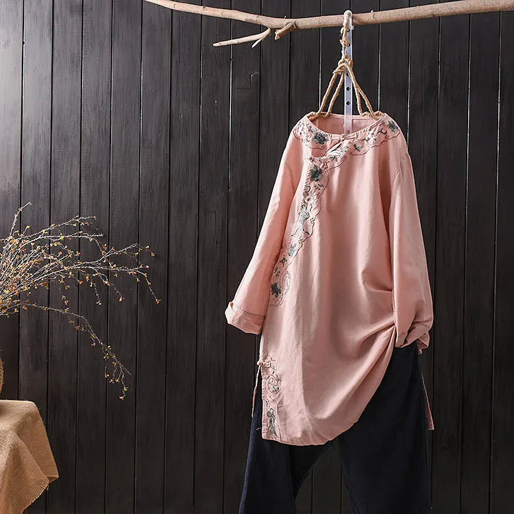 National Style Literary Embroidery Plate Button Shirt Long Section Cotton Linen Tea Service Zen Clothing Sen Female |