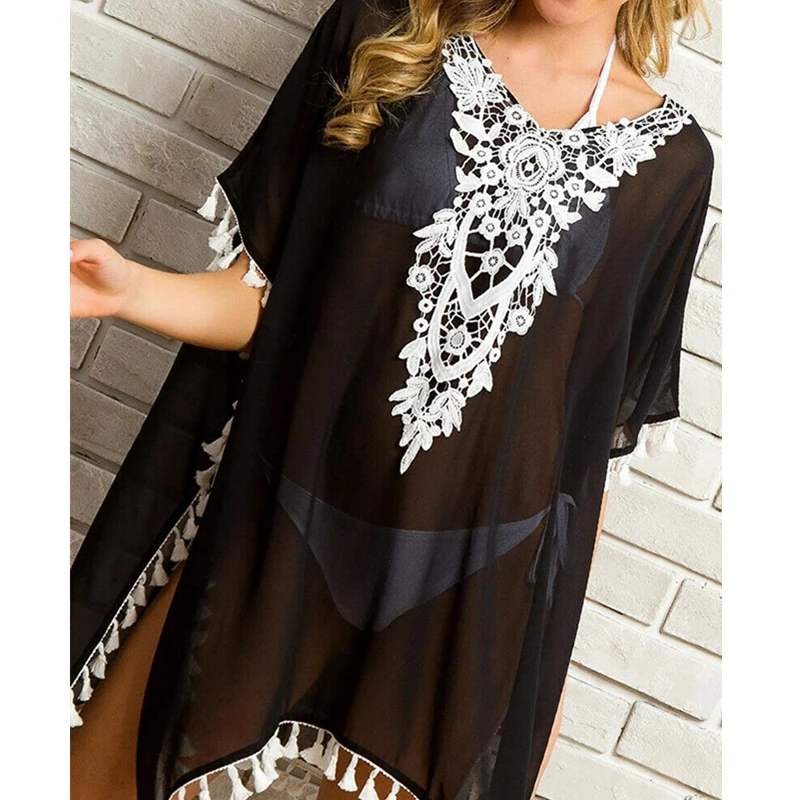 As photo shows Womens Bikini Cover Up Dress Beach Tunic Boho Summer Dress Short Sleeve Swimwear Beachwear Bathing Suit Vintage Clothes - Цвет: As photo shows