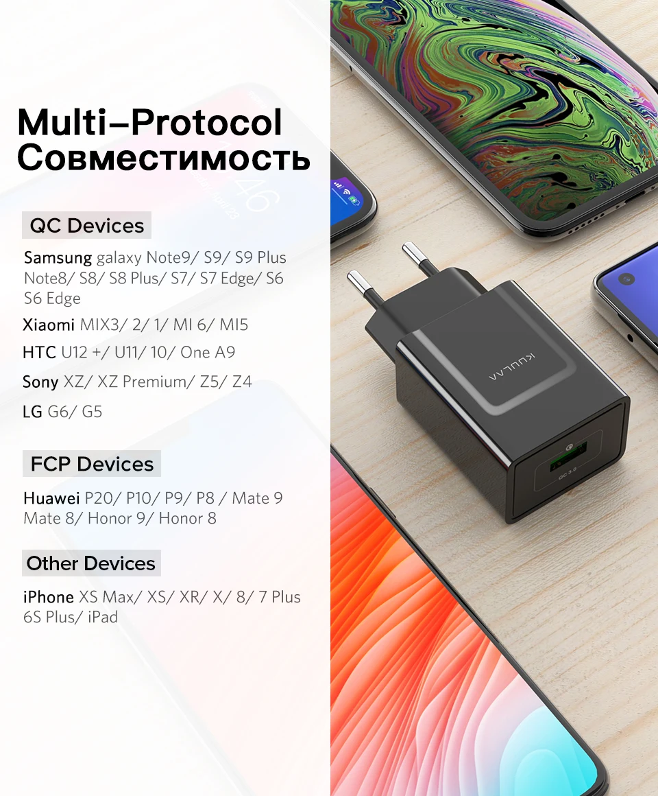 KUULAA USB Charger Quick Charge 3.0 18W fast charging adapter EU US Plug Mobile Phone Charger for iPhone Xiaomi samsung Huawei