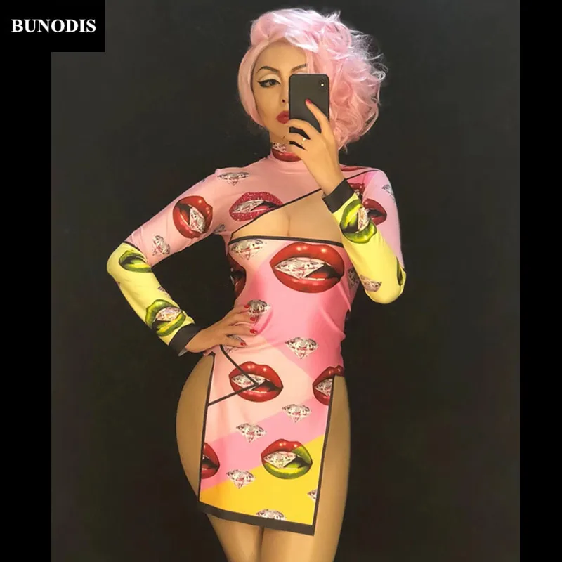 ZD331 Женская Сексуальная короткая юбка Cheongsam с 3D принтом губ и бриллиантами для