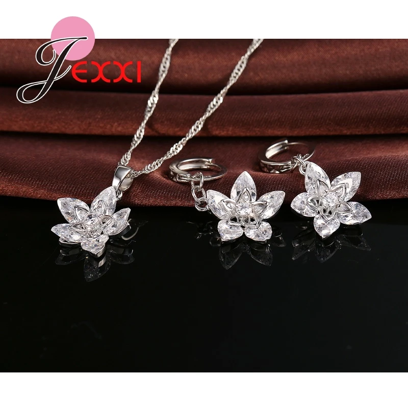 925 Sterling Silver Austrian Crystal Female Jewelry Sets Fashion Flower Design Shiny Necklace and Earring Set for Women | Украшения и