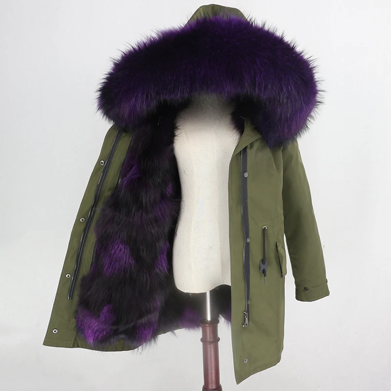 green purple Женское пальто со съемным мехом OFTBUY, бежевая непромокаемая длинная парка с натуральным лисьим мехом, верхняя одежда, зима - Цвет: green purple
