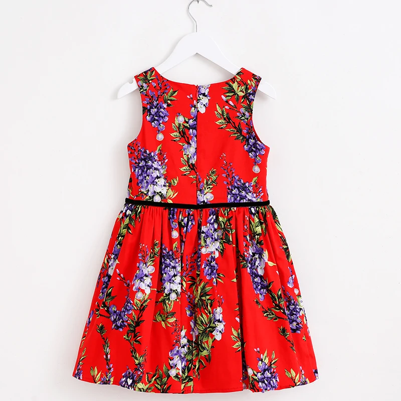 2017 Летнее платье для девочек с цветочным принтом Нарядное без рукавов 100% хлопок