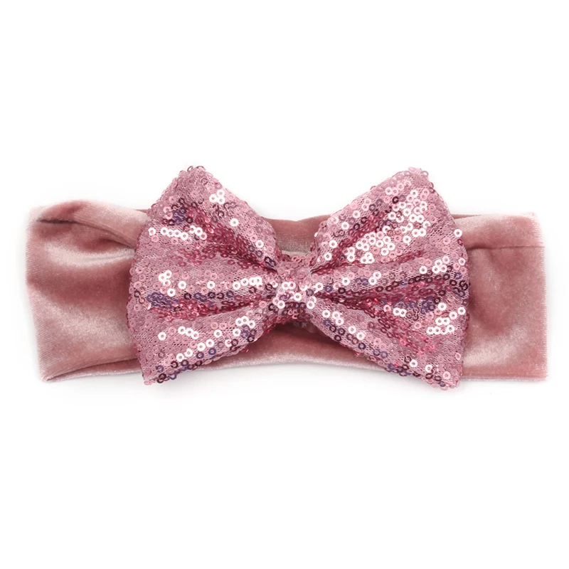 2018 New Cute Velvet Baby Headband Big Sequin Hair Bow Solid Turban Elastic Headbands Kids Glitter Large Accessories | Детская одежда и