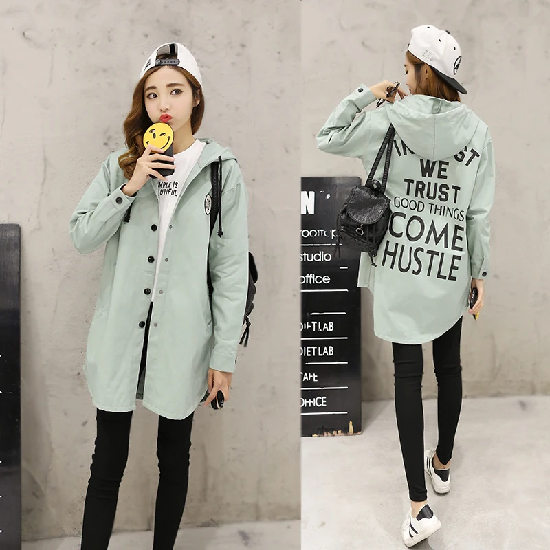 2018 autumn winter women trench coats large size fashion wild long casual loose coat printing letters Hooded Trench Women Coats | Женская