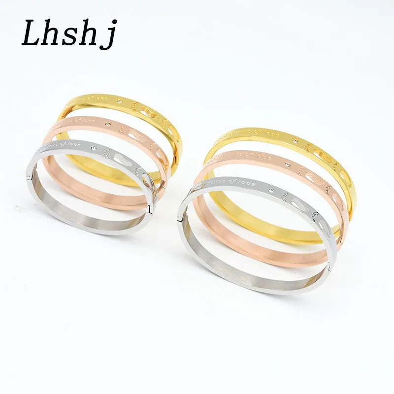 Charm Stainless Steel rose Gold Parent-child bracelet Hollow footprints of love crystal cute baby bangle jewelry gift | Украшения и