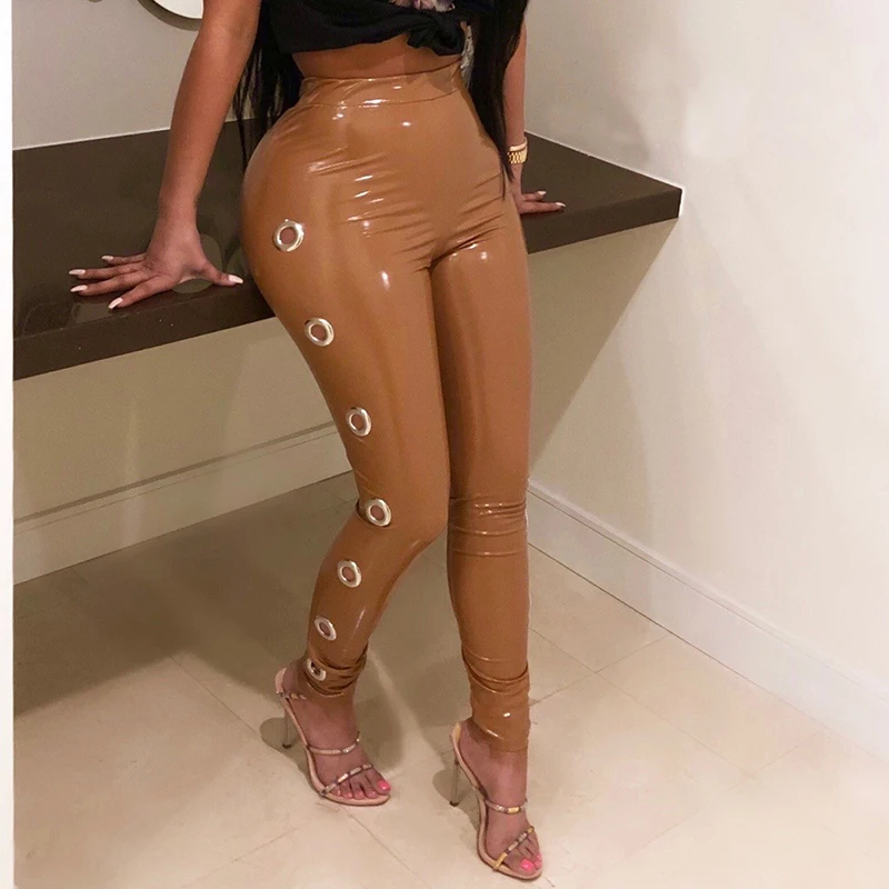 Модные летние красные люверсы из искусственной кожи узкие брюки женские с