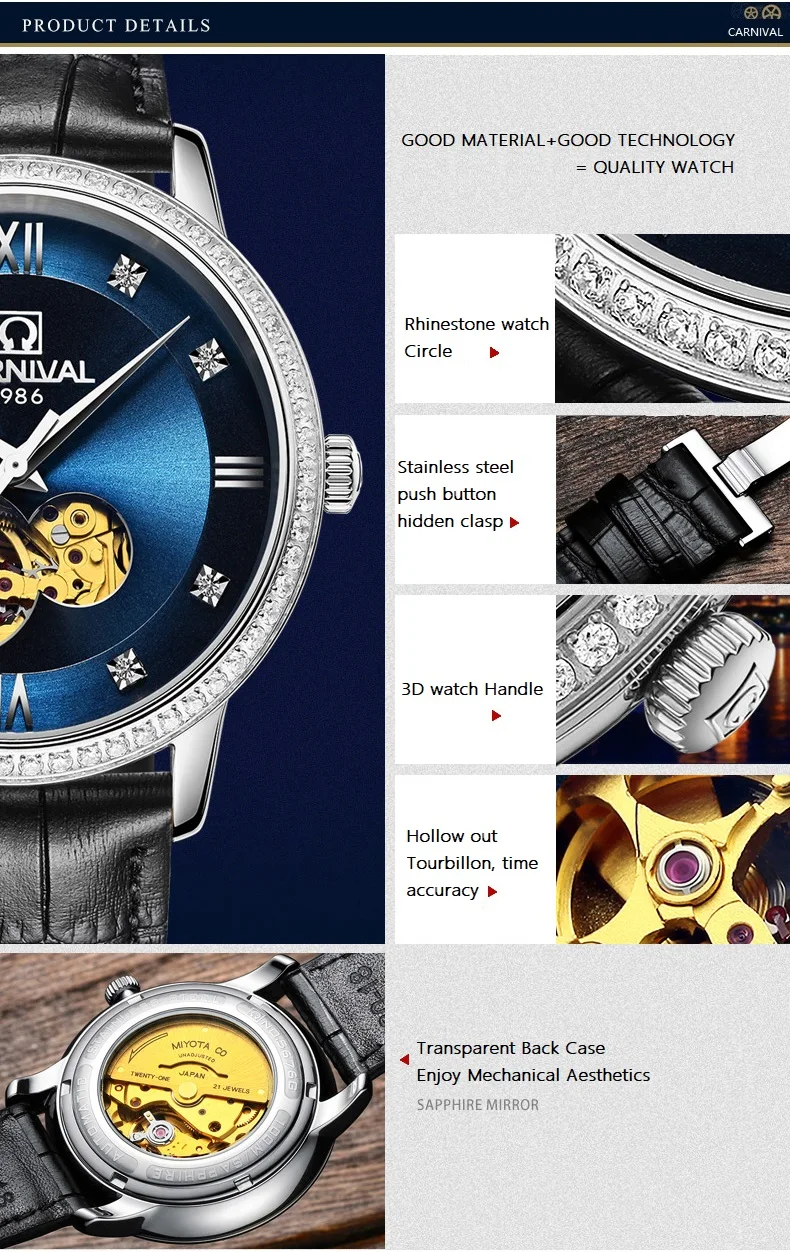 Ультратонкие tourbillon Мужские часы карнавал автоматические часы мужские MIYOTA кожаный ремешок сапфир Водонепроницаемые модные механические часы