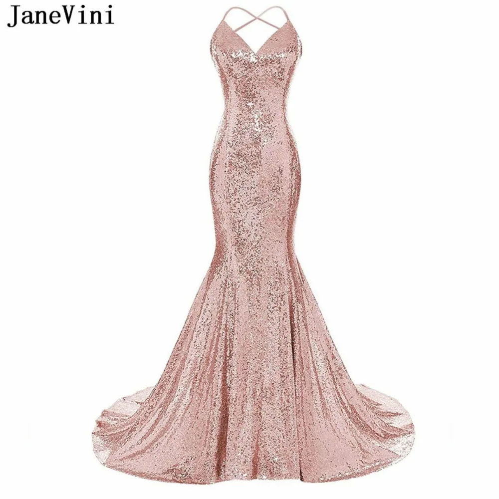 JaneVini Bling розовое золото блестками Русалка Длинные платья подружек невесты для женщин V средства ухода за кожей шеи спинки пикантны