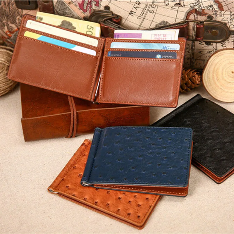 Тонкий кожаный мужской кошелек с клипсой для денег и 4 слотами карт держатель