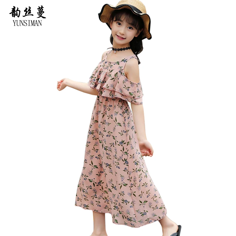 Summer Baby Girls Beach Long Dresses Off Shoulder Floral Print Bohemian Style Beige Chiffon Dress For4 6 8 10 to 12 Years 12C28A | Детская