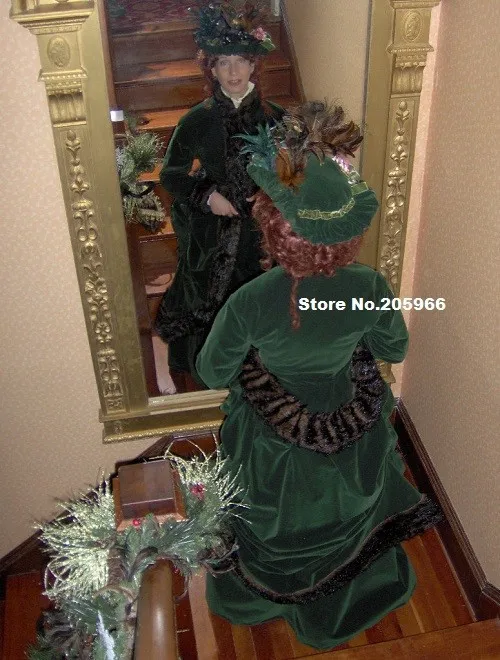 

1800s Victorian Winter Dress 1880s Green Velvet Fur Trim Bustle Gown-Christmas Caroling Charles Dickens Ice Skating Costume