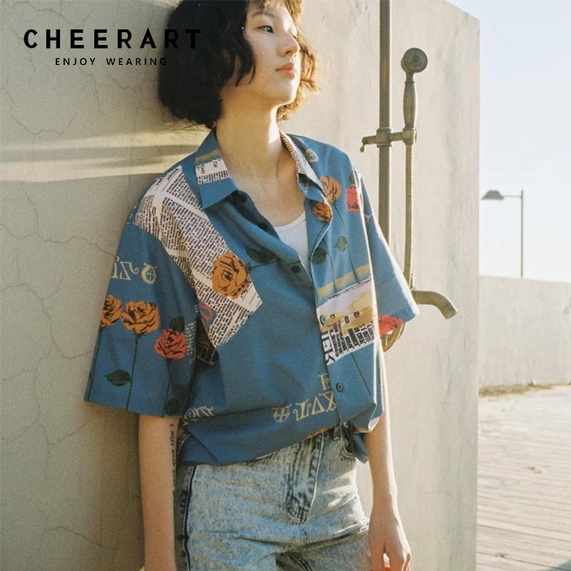 Женская винтажная рубашка Cheerart летняя блузка синего цвета с цветочным принтом