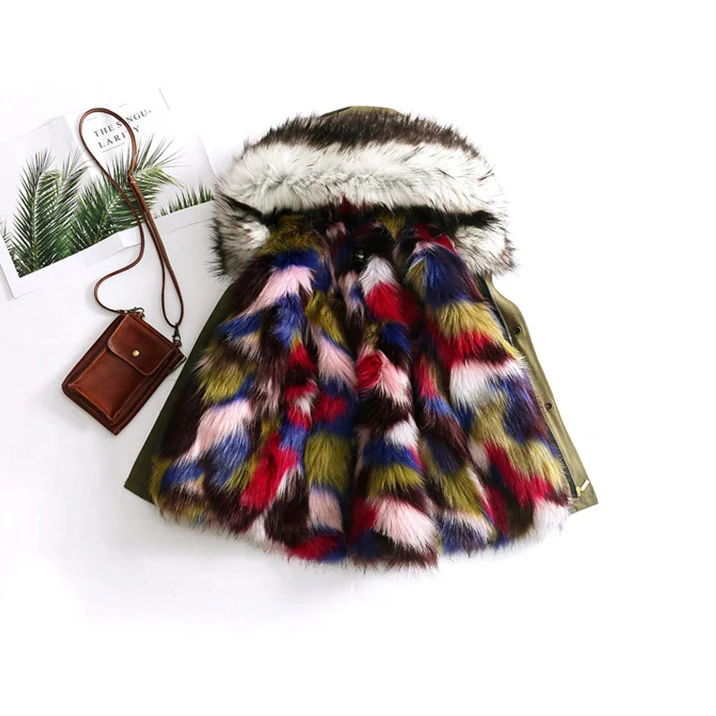 Green Mixed Fur От 2 до 12 лет пальто с мехом для девочек; детские меховые куртки с капюшоном; сезон весна-осень; куртки для девочек и мальчиков; зимние парки; детский зимний комбинезон - Цвет: Green Mixed Fur