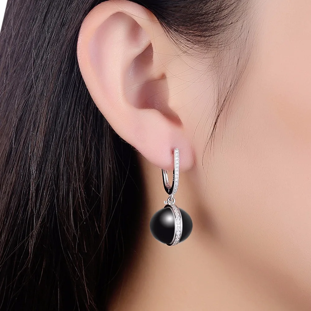 Women's Jewelry Fashion charm Drop Earrings 925 Sterling Silver 14mm White/Black Ceramic Bead Dangle gift box SE020 | Украшения и