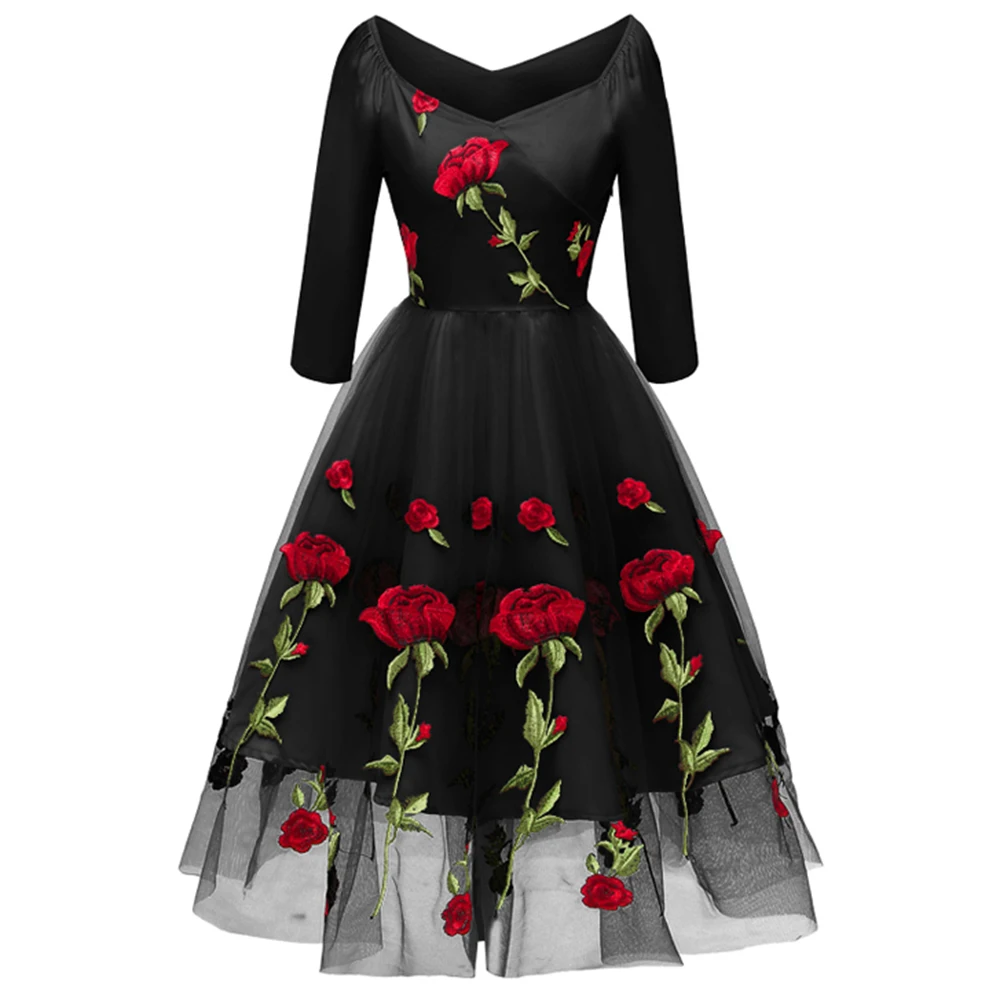 

Dower Me Elegant Mesh Pink Dress V Neck Three Quarter A-line Wedding Party Vestidos Black White Autumn Embroidery Rose Dresses