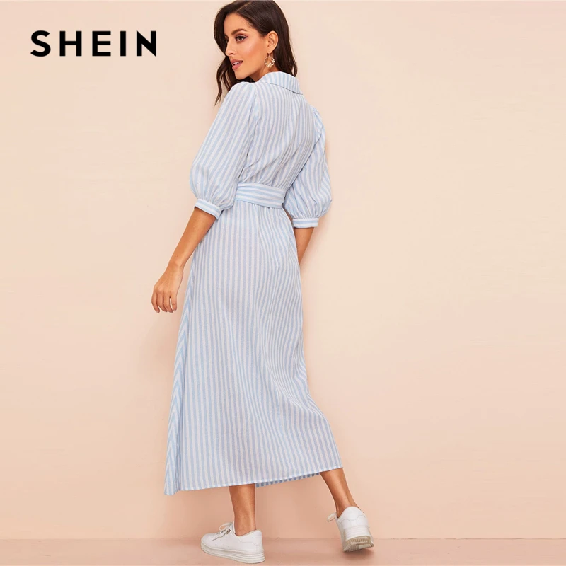 SHEIN платье-рубашка с рукавом-фонариком в полоску, с поясом,, пуговица, рукав до локтя, летнее платье, бохо, синие и белые женские платья