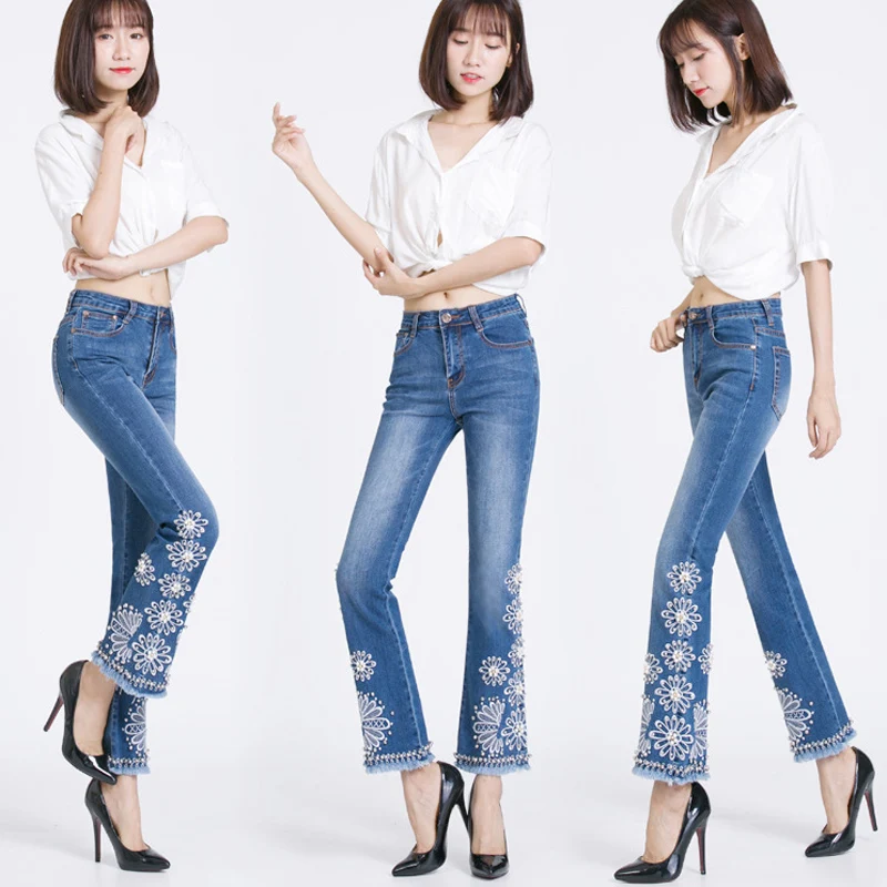 Женские брюки клеш FERZIGE синие повседневные джинсы с вышивкой бисером большие