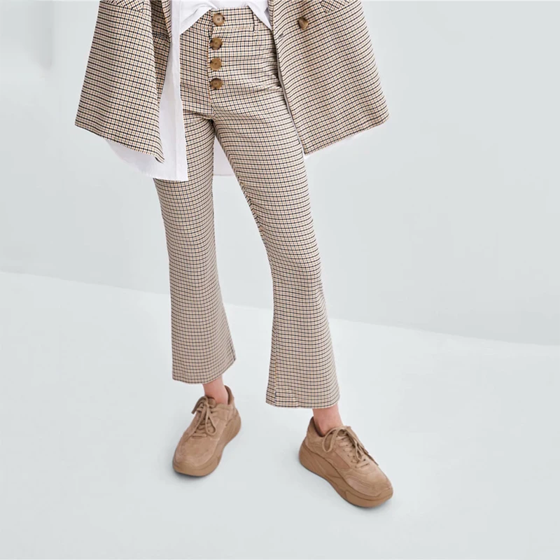 Женские клетчатые длинные брюки za костюм с высокой талией однобортные 2018 |