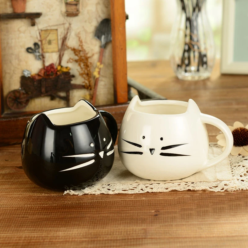 400 ml Черный и белый цвета Cat керамические кружки комплект милый кот дизайн кружка для кофе kawaii любителей кошек пару кружек