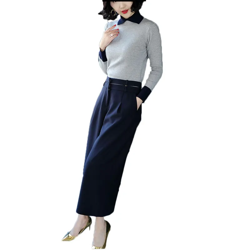 

Autumn outfit women new knitting sweater & wide-legged pants suit European fashion two-piece clothing set vestido lady OL