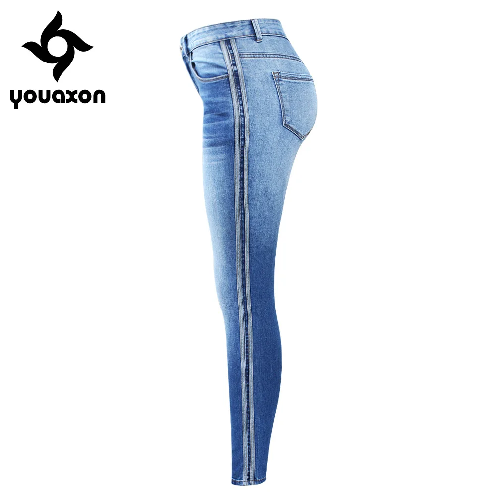 blue 2173 Youaxon брендовые новые Выцветшие джинсы с боковой полосой размера плюс женские Стрейчевые джинсовые обтягивающие брюки для женщин джинсы - Цвет: blue