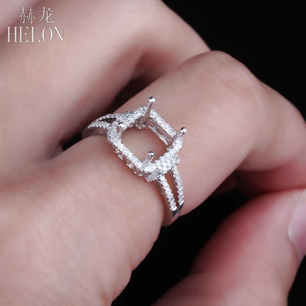 

HELON Solid 14K (AU585) White Gold Pave Natural Diamond Semi Mount 7x7mm Cushion Cut Engagement Wedding Ring Women Fine Jewelry