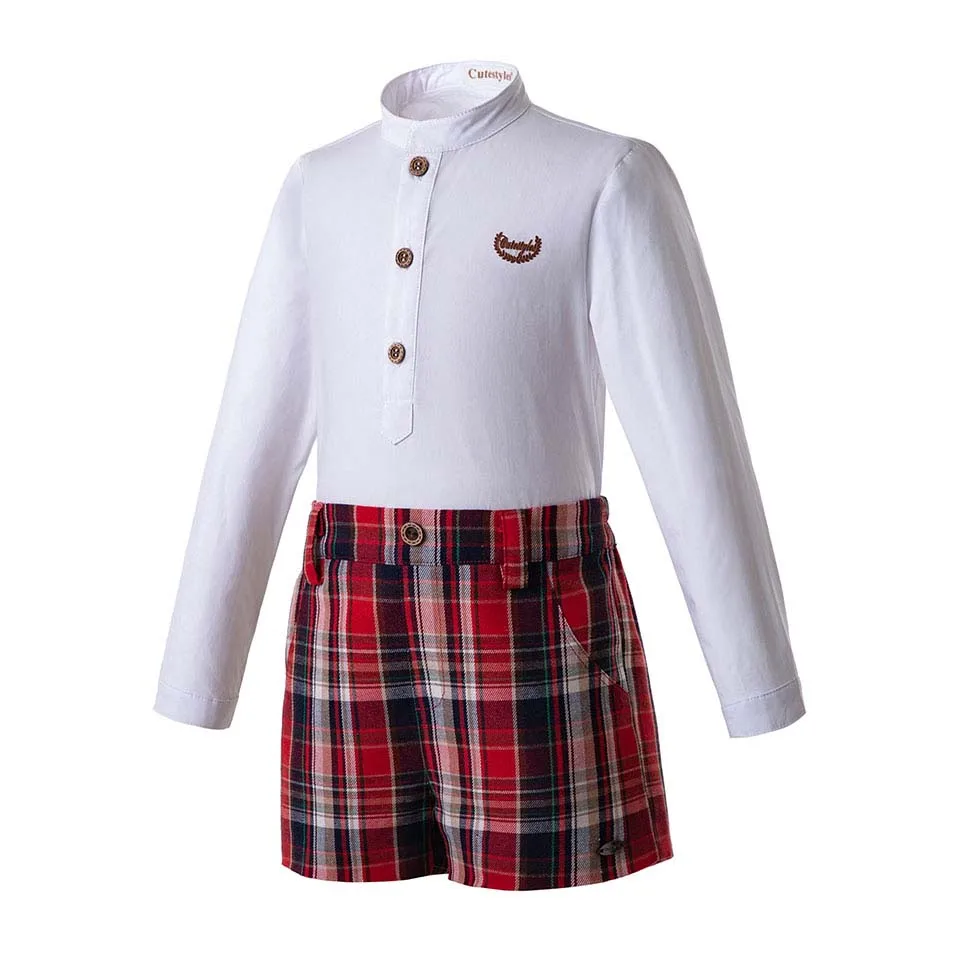 Cutestyles Autumn Boys Clothing Sets White Shirt And Wine Red Grid Shorts Boutique Party Children Outfit B-DMCS107-C64 |