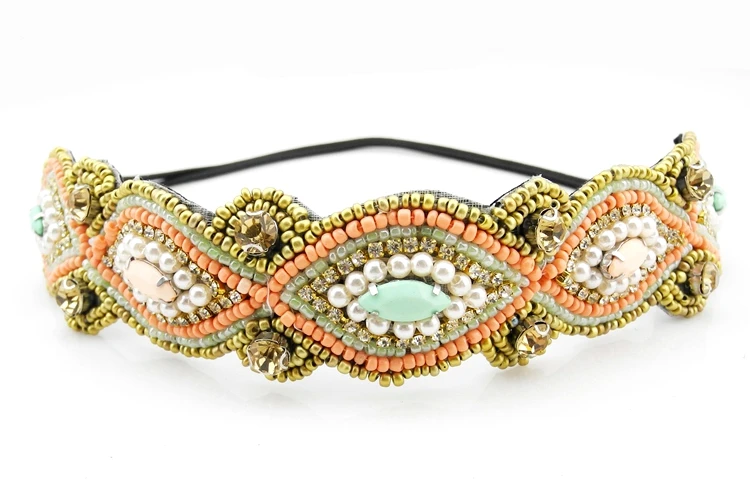 Стразы эластичная повязка на голову ручной работы индивидуальная Жемчужная