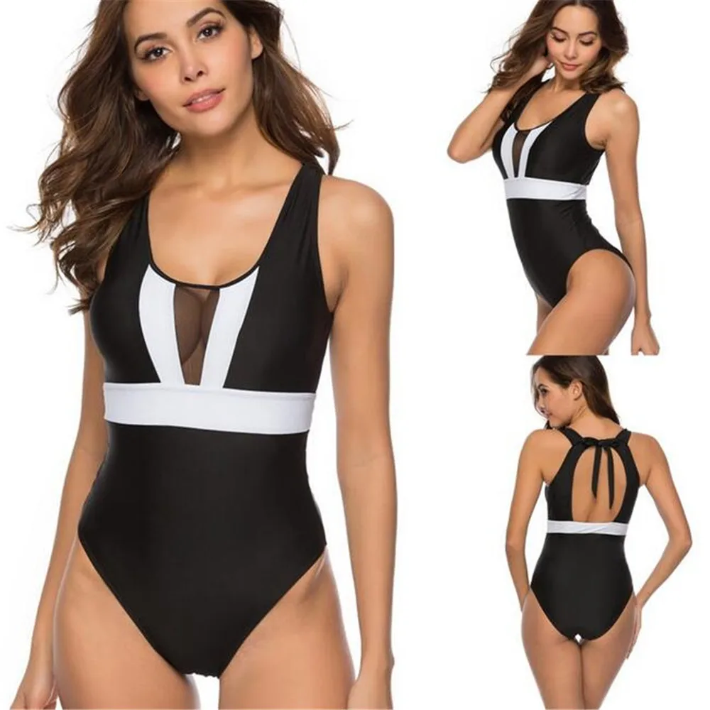 Sexy Mesh Splicing One Piece Bikini Solid Swimwear Bodysuit Women Open Back Slim Swimsuit Beachwear For Swimming | Спорт и