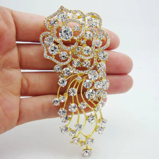 

Fashion Jewelry Gold-Tone Rose Flower Brooch Pin Clear Rhinestone Crystal