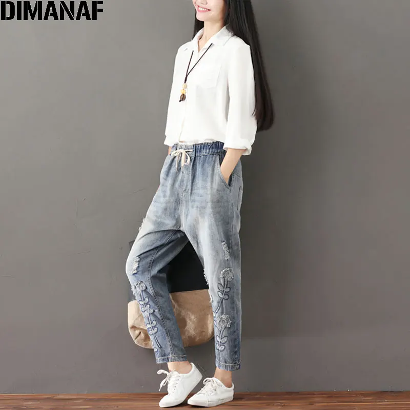 DIMANAF Plus Size Women Jeans Autumn Hole Harem Pants Floral Elastic Waist Show Thin Vintage Capris Pants Blue New Jeans