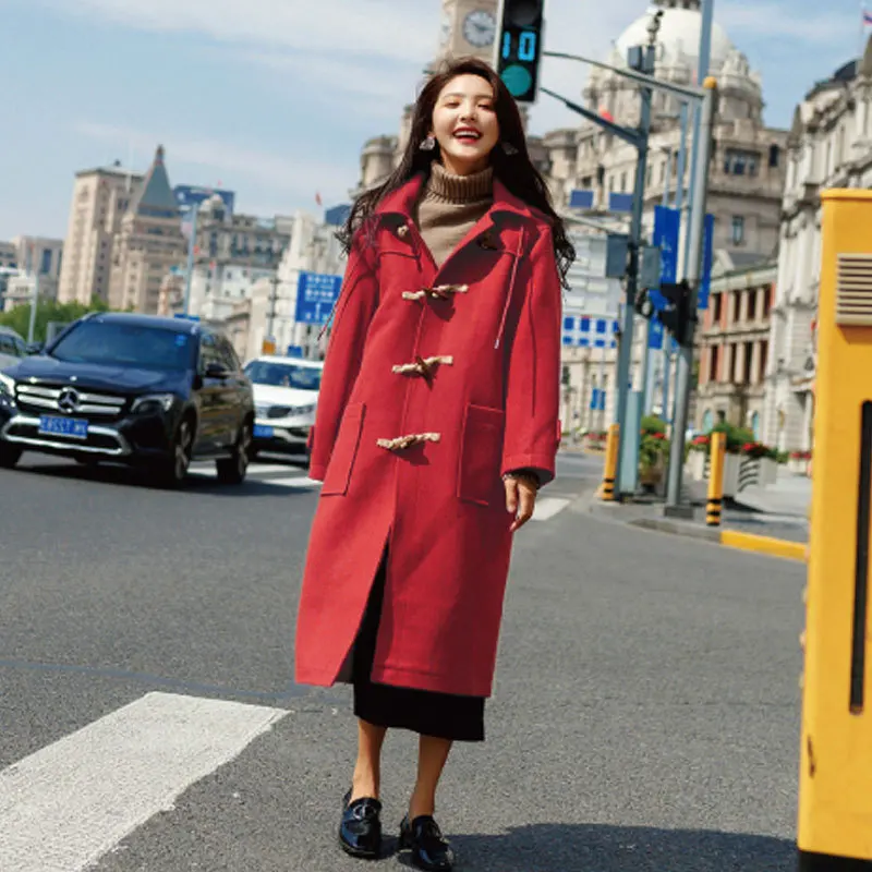 Пуговица из рога капюшон женское длинное пальто Cashmer Свободная Женская шерстяная