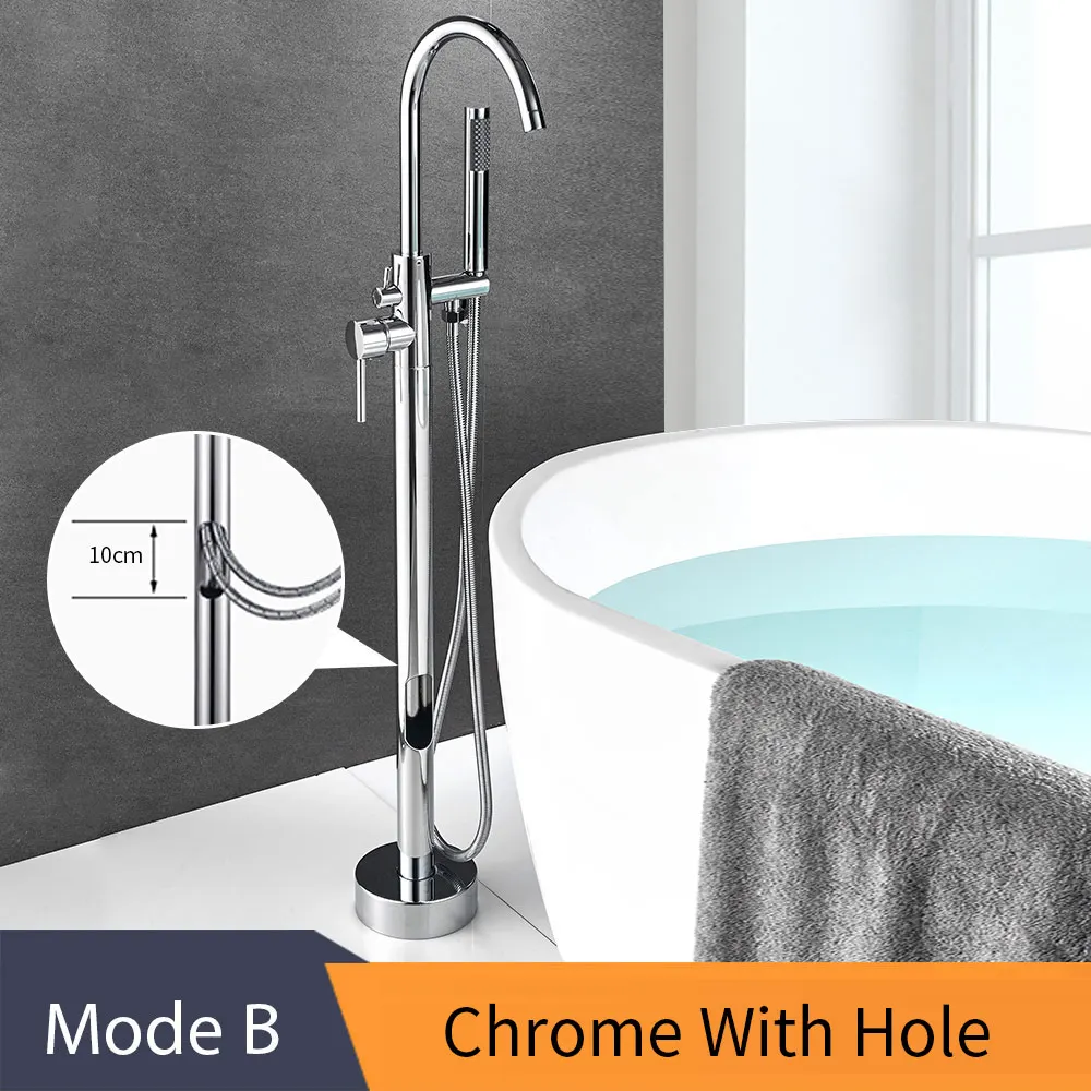 B-Chrome With Hole Кран для ванны, латунный золотой напольный кран для ванной, поворотный носик, одна ручка, наполнитель для ванной, ручной душ, опрыскиватель, смеситель, 6021K - Цвет: B-Chrome With Hole
