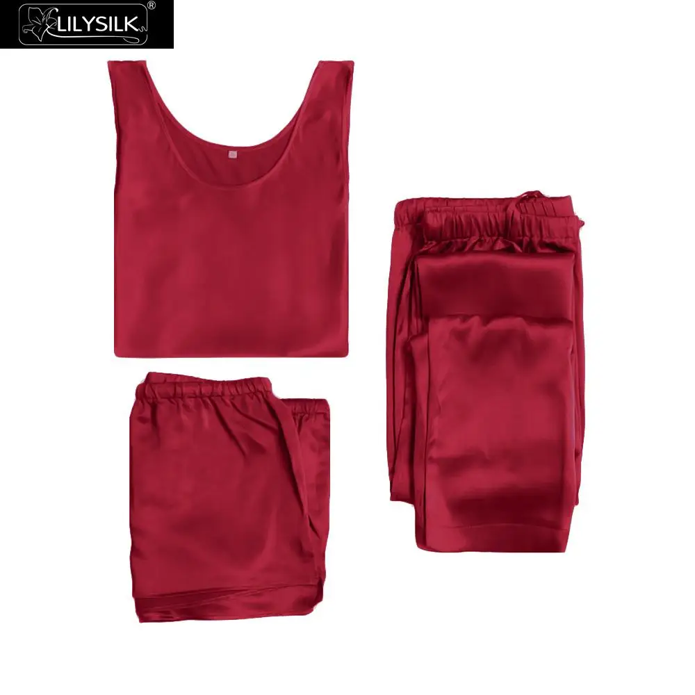Claret LilySilk пижама женская шелковая белье костюм домашняя одежда для женщин бретели Набор 3 шт. шелк 22 Momme Прекрасный - Цвет: Claret