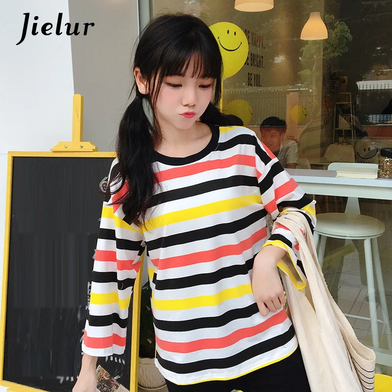 Jielur Chic простые осенние Для женщин Футболки Девушка Свободные круглым вырезом