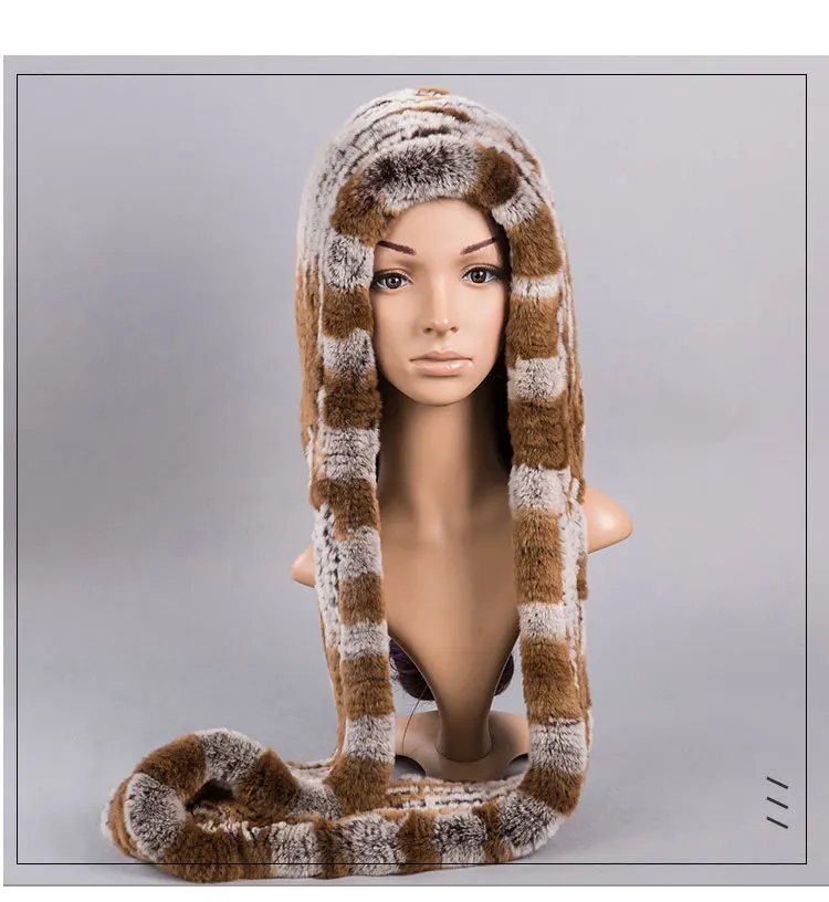 CAMEL Женская шапка из натурального меха кролика Рекс, зимние шапки с шарфом, вязаные шапки для женщин, Россия, теплые шапки с капюшоном, белые, 12 цветов, H162 - Цвет: CAMEL