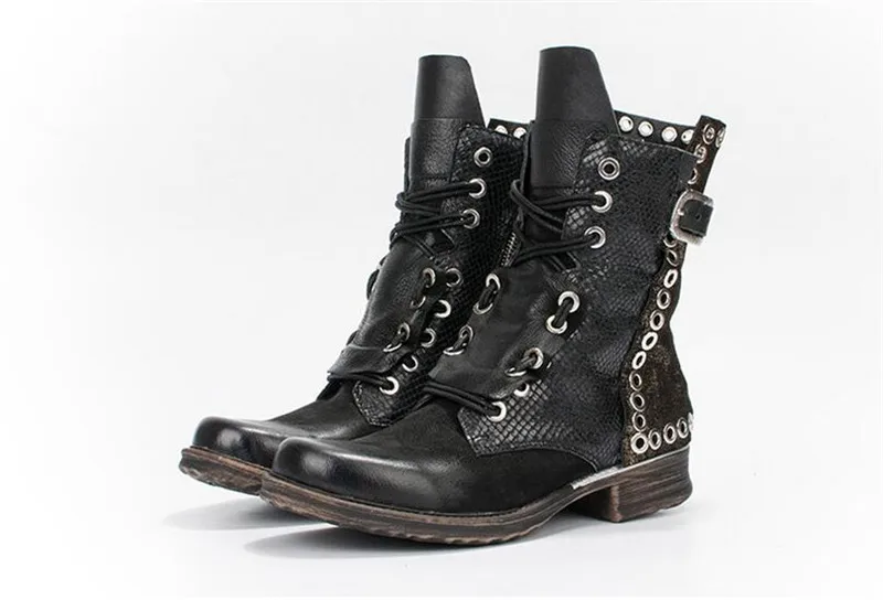 Prova Perfetto Лоскутные ботильоны для женщин Осень Зима Плоская подошва Botas Mujer женские заклепки Шипованные платформа Резиновая женская обувь