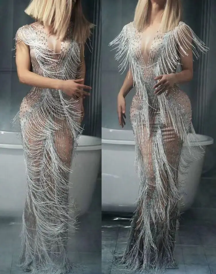 

high elastic Tassel Bar Crystals costume Elegant Club Perfoemance Dress