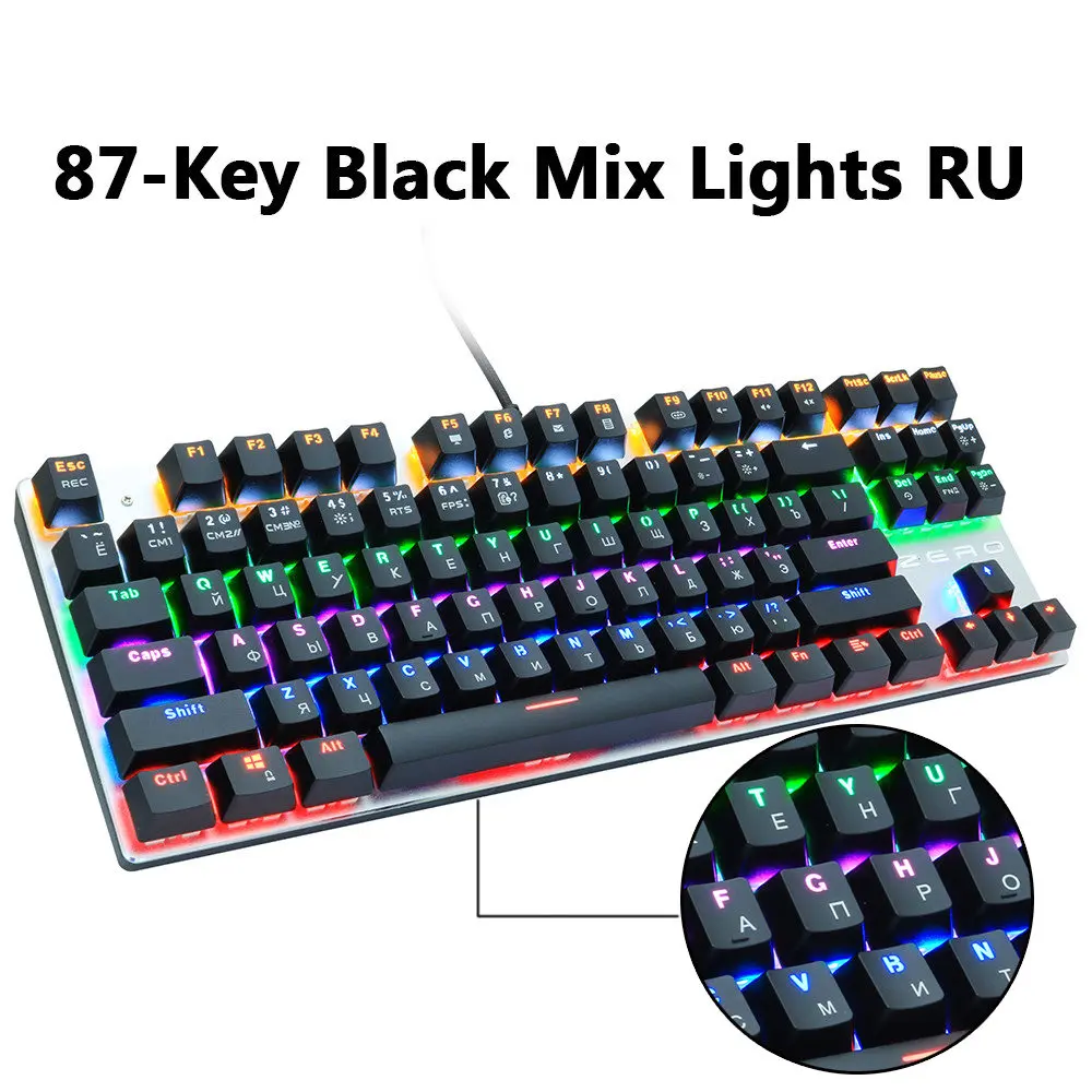 87Black mix light RU Игровая механическая клавиатура, 87/104 клавиш, анти-привидение, синий/красный переключатель, проводной светодиодный, с подсветкой, для России/США, для геймеров, компьютера, ноутбука - Цвет: 87Black mix light RU