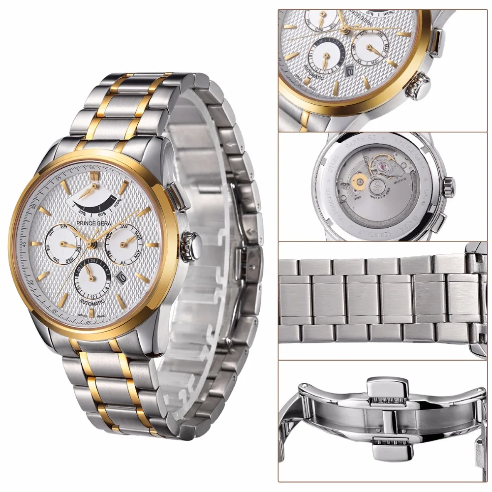 PRINCE GERA роскошные мужские водонепроницаемые механические наручные часы Авто Дата