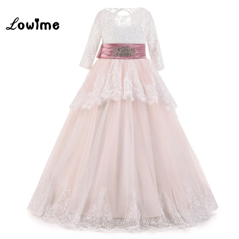 

Real Image Flower Girl Dresses Vestido Daminha Lace Applique Girls Prom Dresses Vestidos Mujer Pink Beaded Communion Dresses